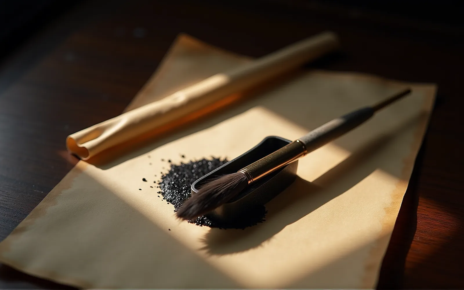 傳統毛筆置於硯台上，旁邊放有米色宣紙，靜物特寫