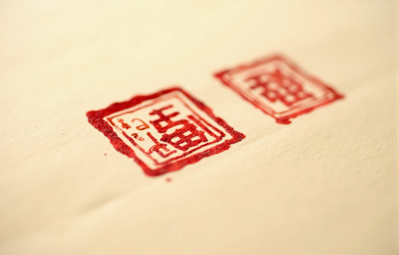 兩枚硃砂印章印記於陳舊米色紙上，淺景深特寫